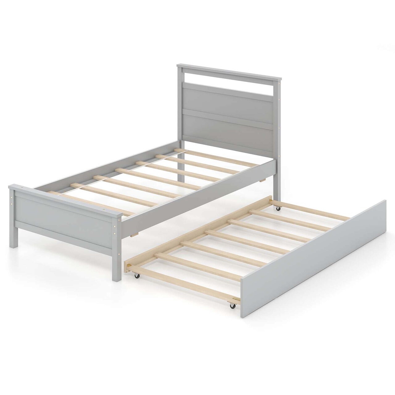 Costway Twin Size Platform Bed with Trundle Pull-out Trundle Headboard & Footboard Gray/White